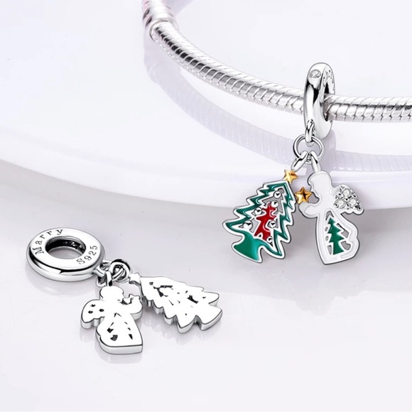 Christmas Tree Angel Charm, S925 Silver Stamped Dangle Charm, Christmas Jewelry - Picture 2 of 3
